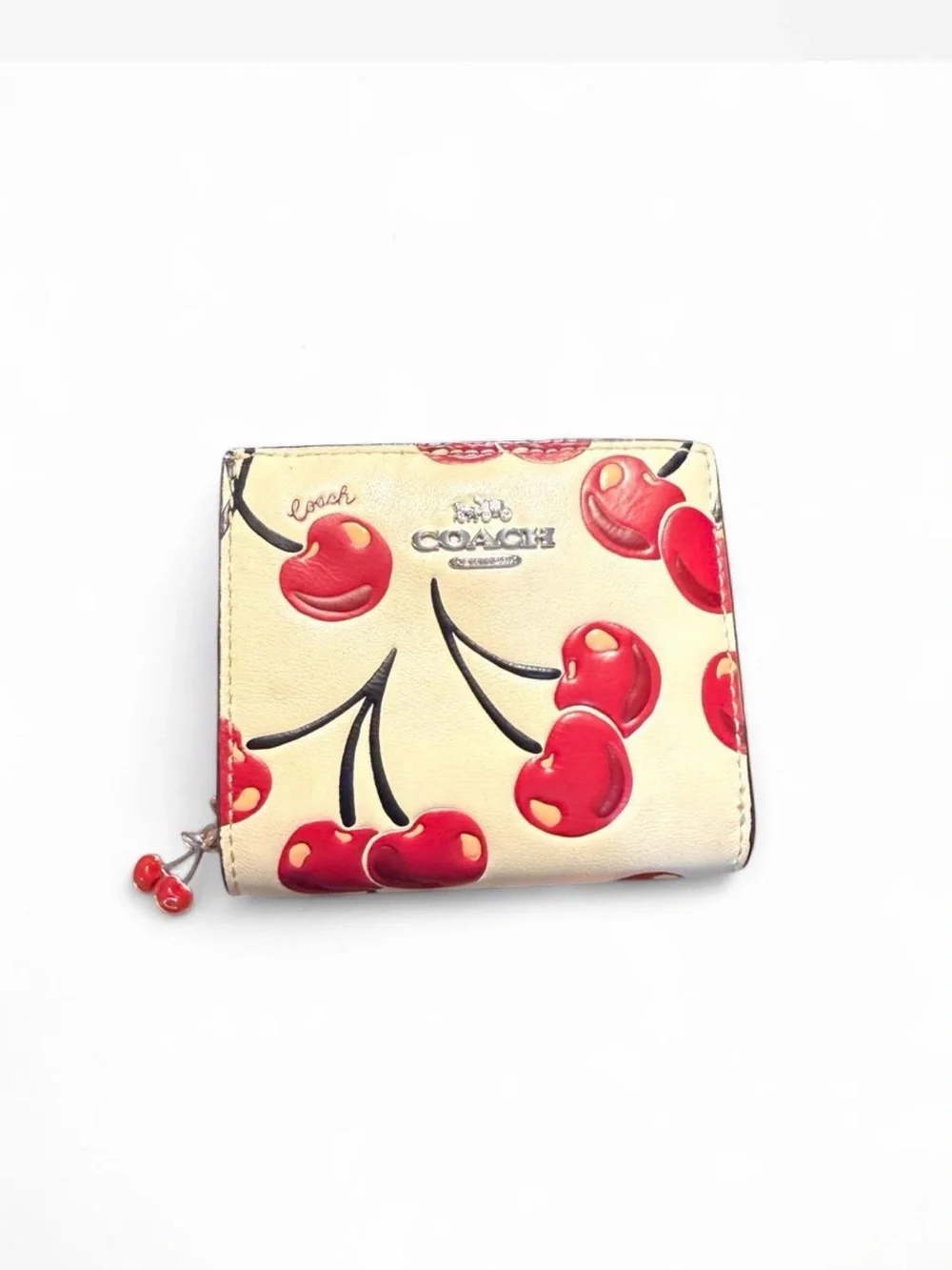 Coach Cherries Snap Wallet  With Zip Pouch- Cream & Red